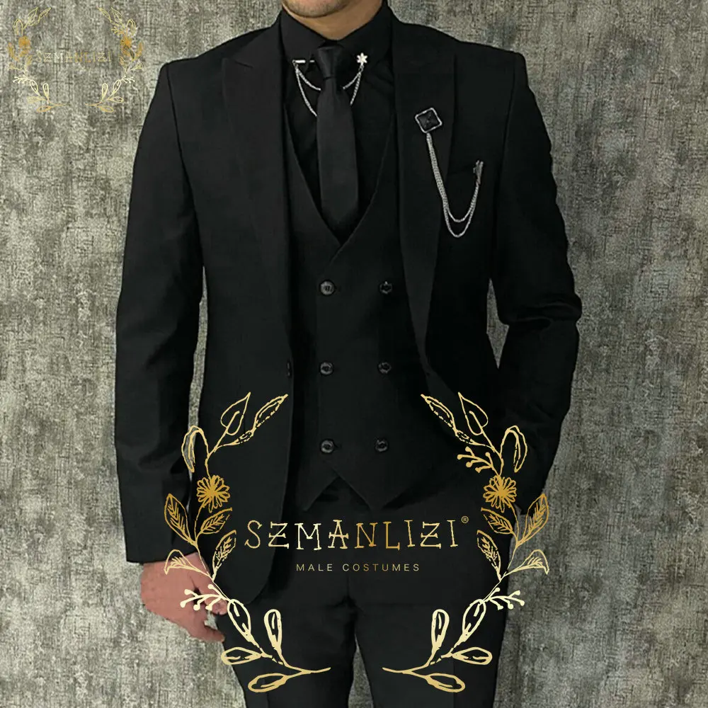 

Classic Black Wedding Suits For Men Slim Fit Groom Tuxedos Formal Business Male Blazer Sets 3 Piece Groomsmen Costume Homme