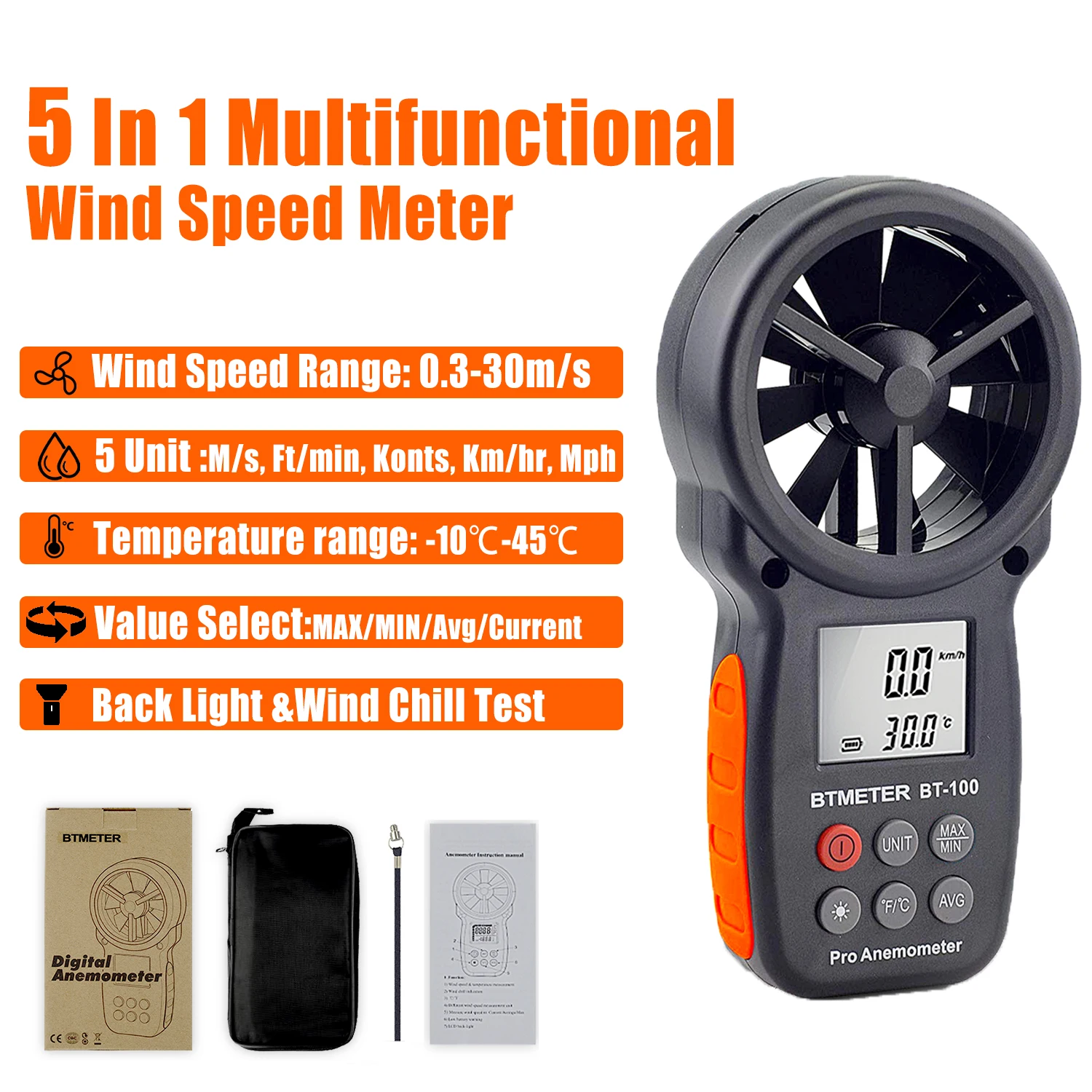 BTMETER BT-100 Handheld Digital Anemometer,0-30 m/s Wind Speed Meters, Wind Speed Sensor for UAV ，Wind Chill, Surfing Shooting