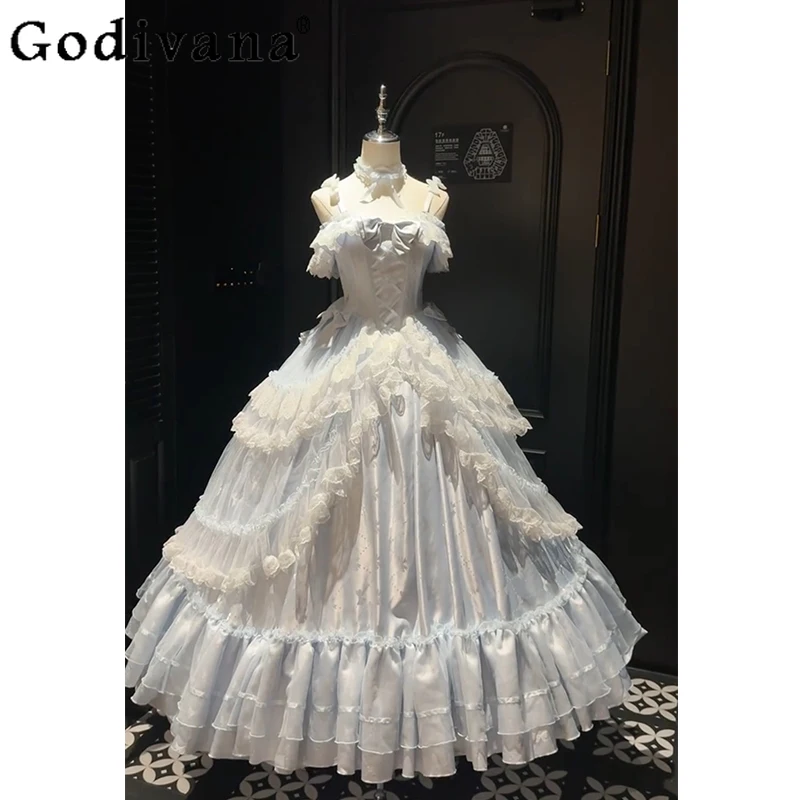 

Blue Dress Flower Wedding Lolita Evening Dress Female Lace Bow Banquet Student Bar Mitzvah Sweet Gorgeous Jsk Princess Dress