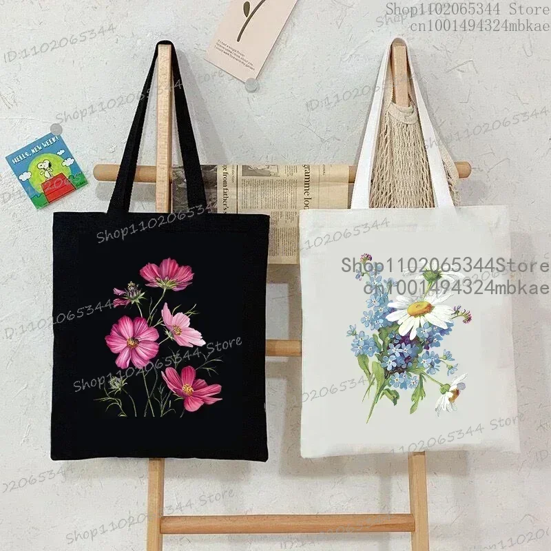 Modna płócienna torba z grubej bawełny obraz olejny nadruk z dzikimi kwiatami damska torba na zakupy na ramię styl roślinny stokrotka Vintage Flower torebka damska