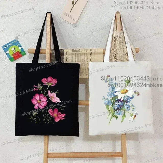 Modna płócienna torba z grubej bawełny obraz olejny nadruk z dzikimi kwiatami damska torba na zakupy na ramię styl roślinny stokrotka Vintage Flower torebka damska