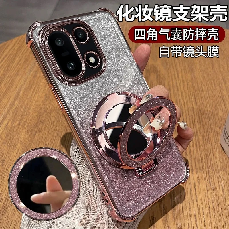 

For OnePlus 15 Case Mirror Glitter Holder Luxury Plating Soft Silicone Airbag Shockproof Bumper Back Cover for OnePlus15