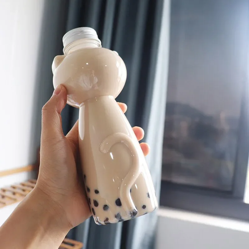 Diy Milk Tea Juice Bottles Beverage PET Water Bottle Cartoon Cat Drink Bottles  Disposable Takeaway Coffee Cup With Lids Decor