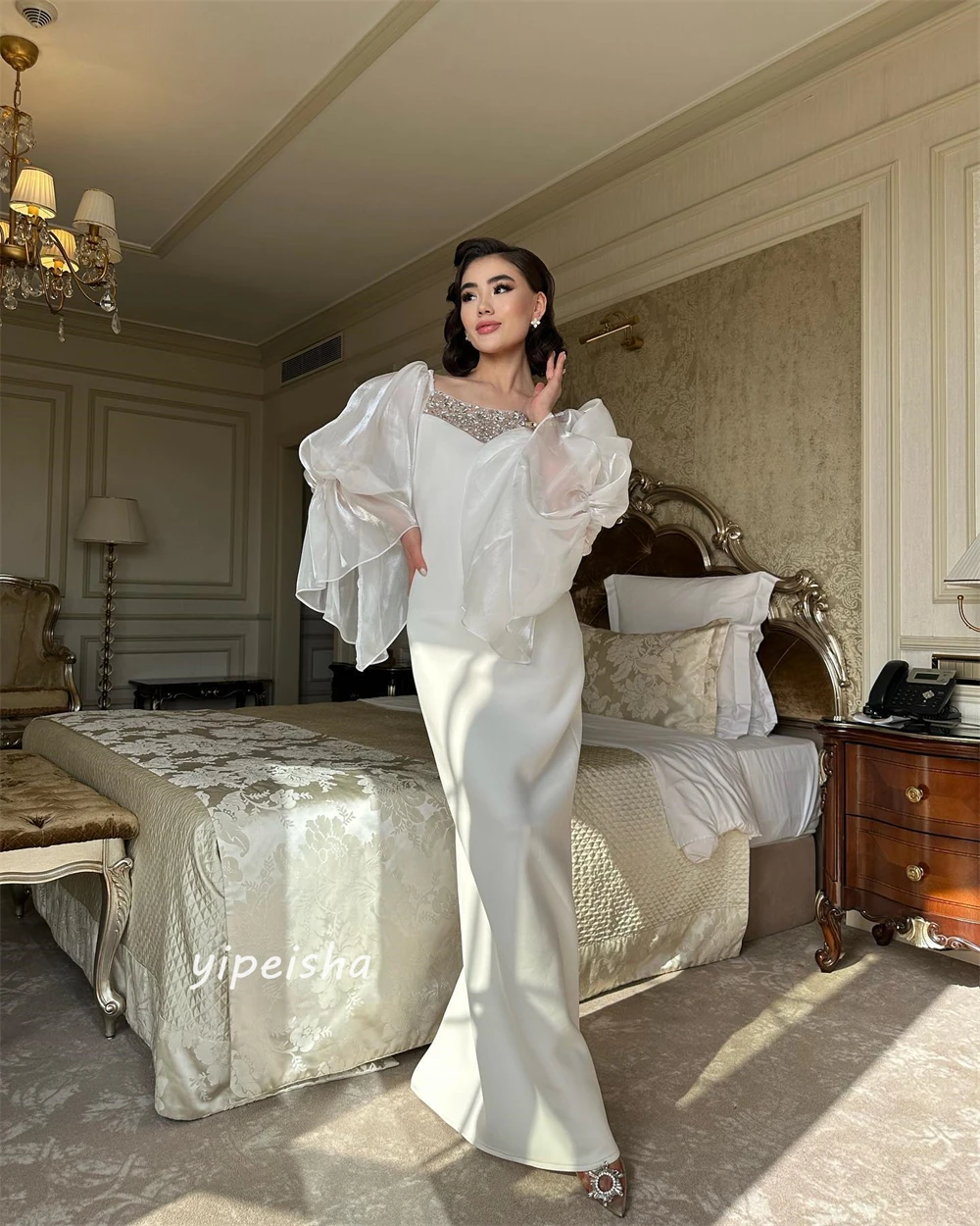 Robe de Soirée en Satin Personnalisée, Tenue Classique Moderne, de Haute Qualité, à Col Carré, Ligne A, avec Perles, sur Mesure, pour Occasions