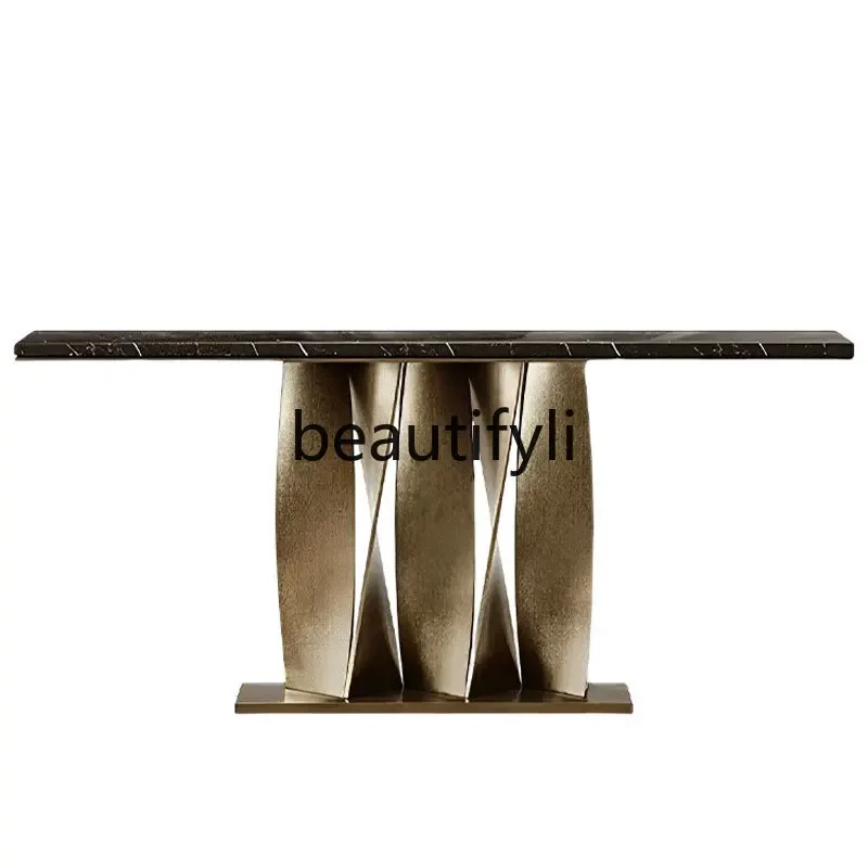 Stainless steel long entrance platform, entrance corridor against the wall, high-end modern marble end view platform