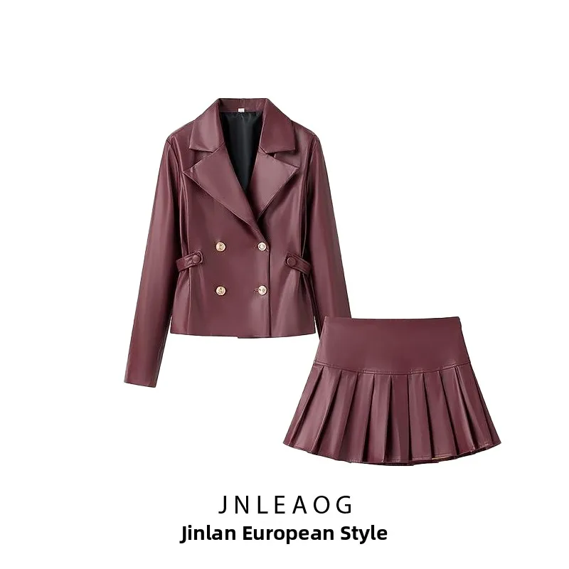 

Faionable Leather Jaet Set Women's Commute Sle Slim Fit Polyester Fabric Long Sve ort Coat Double Breasted Pure Color