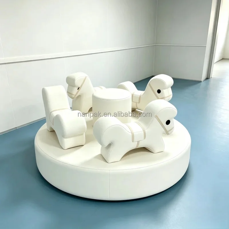 Motorized Soft Play Merry Go Round Carousel Horse Seats Rotating Play Equipment for Playground, Kids Party, Holds 4~5 Children