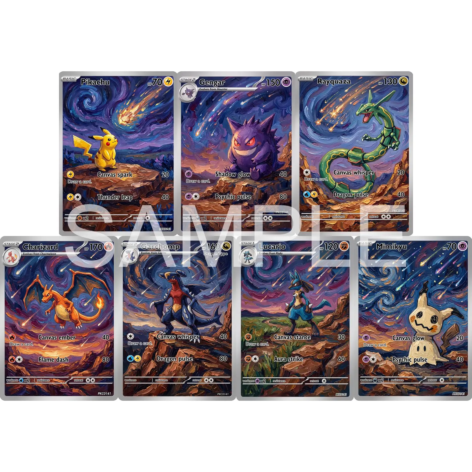 7Pcs PKM Cards PTCG Post Impressionist Oil Painting Style Gengar Rayquaza Charizard Garchomp Lucario Mimikyu Art Set Cards PTCG