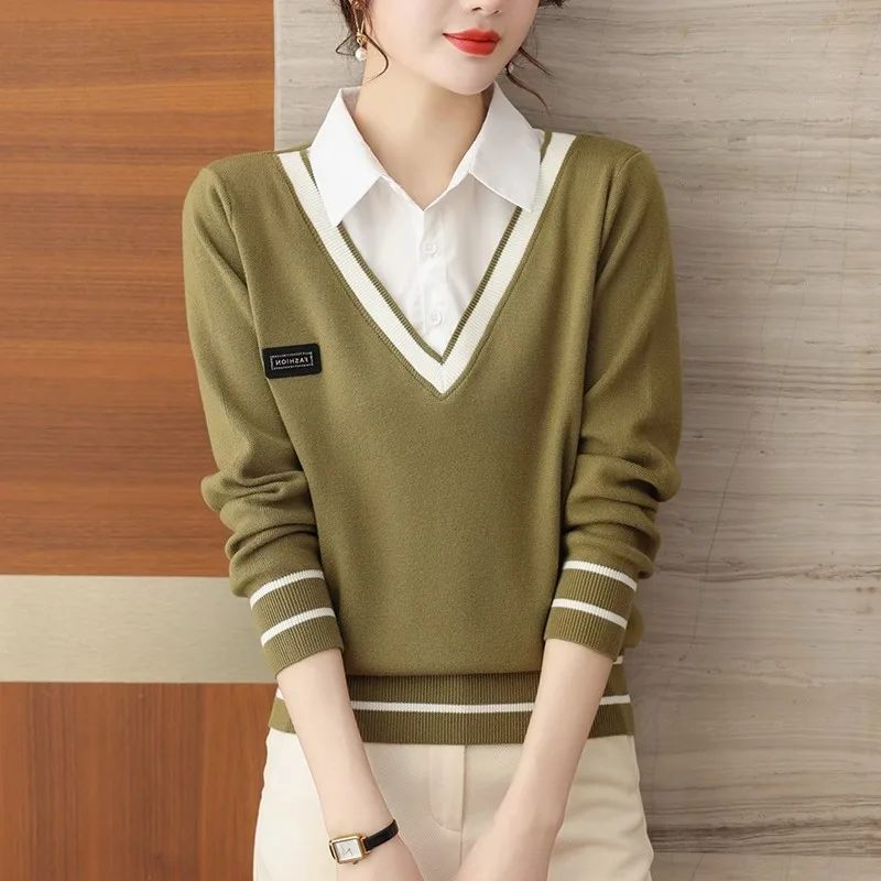 2024 New Spring Shirt Collar Knitted Sweater Women Fashion Fake Two Pieces Sweater Pullovers Korean Chic Tops Female Knitwear