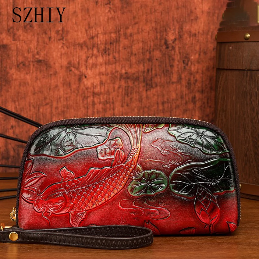 

Luxury Designer Wallet Women Retro Wrist Bag Multi-layer Long Wallet Hand Polished Fish Pocket Mobile Phone Coin Purse Monedero