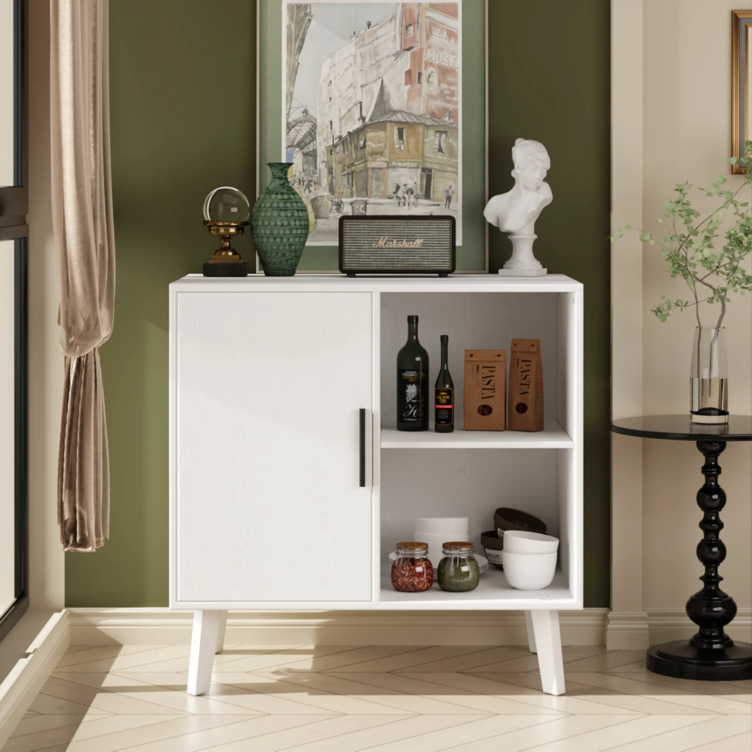 

Sideboard Buffet Storage Cabinet with Solid Wood Feet - Dining Room, Hallway Console Table (White)