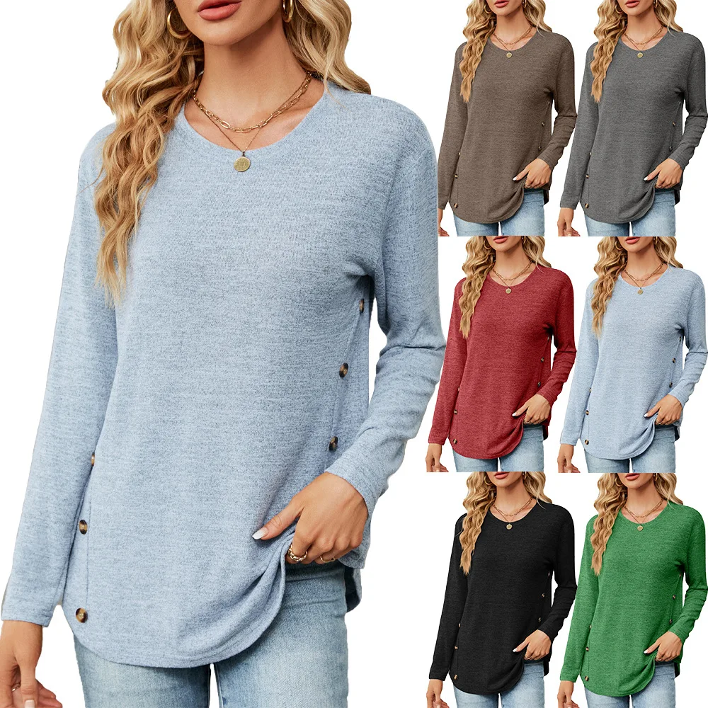 

Women's Long-Sleeved Loose T-shirt, Casual Top, Solid Color, Button Decoration, Autumn and Winter