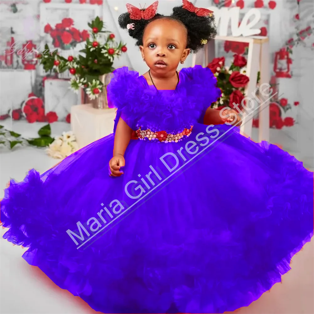 Customized Royal Blue Pearls Flower Girls Dress Weddings Children Birthday Party For Prom With Bow Evening Gown