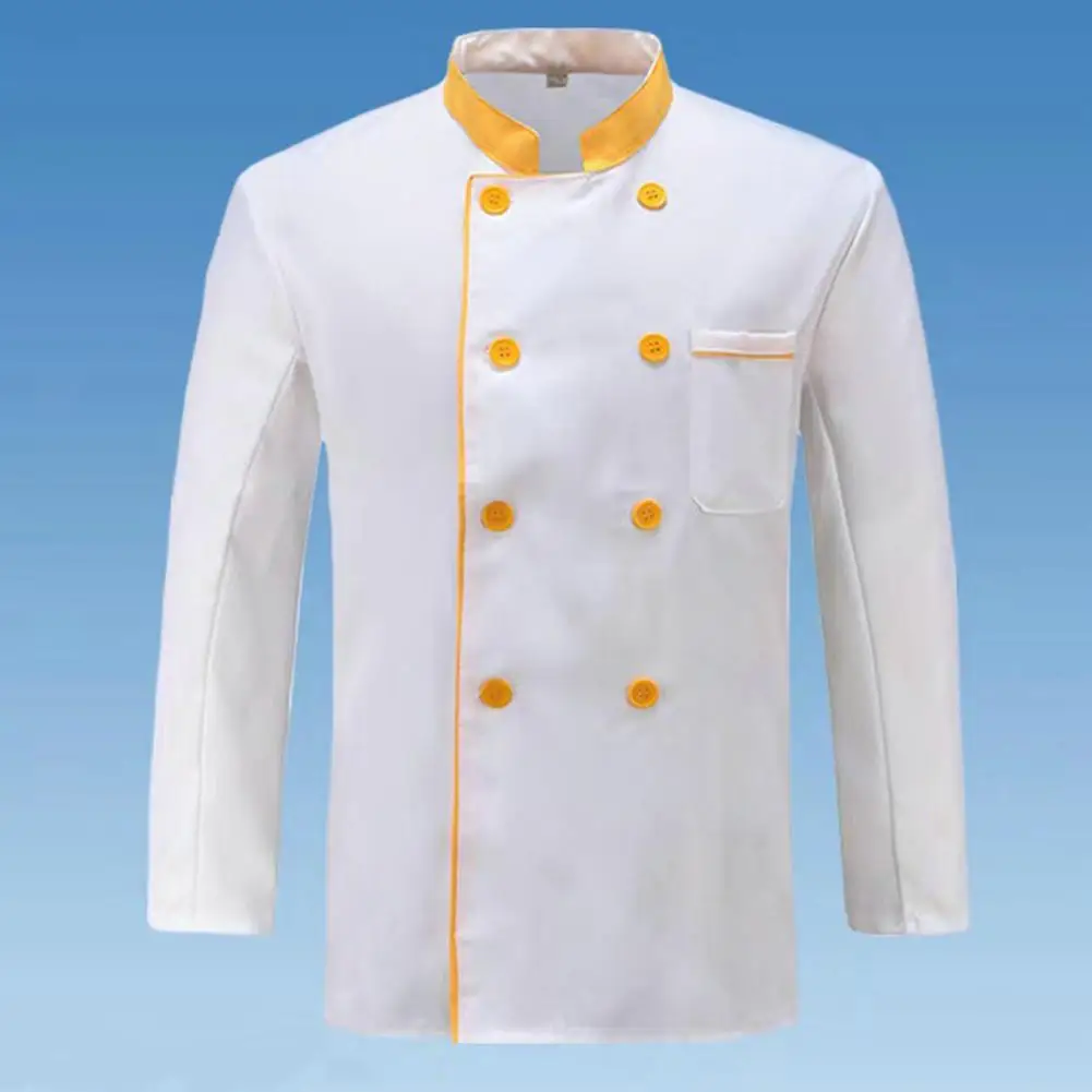 Veste de chef à fermeture boutonnée, poche avant, manches longues, col montant, vêtements de cuisine attribuables, uniforme de chef de cuisine personnalisé, non pelucheux