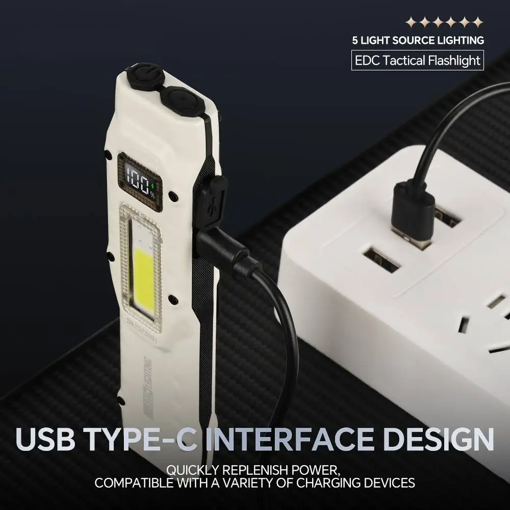 

Многоцелевой тактический фонарик EDC, перезаряжаемый через USB, мощный уличный фонарь для кемпинга, охоты, рыбалки, портативный рабочий фонарь COB