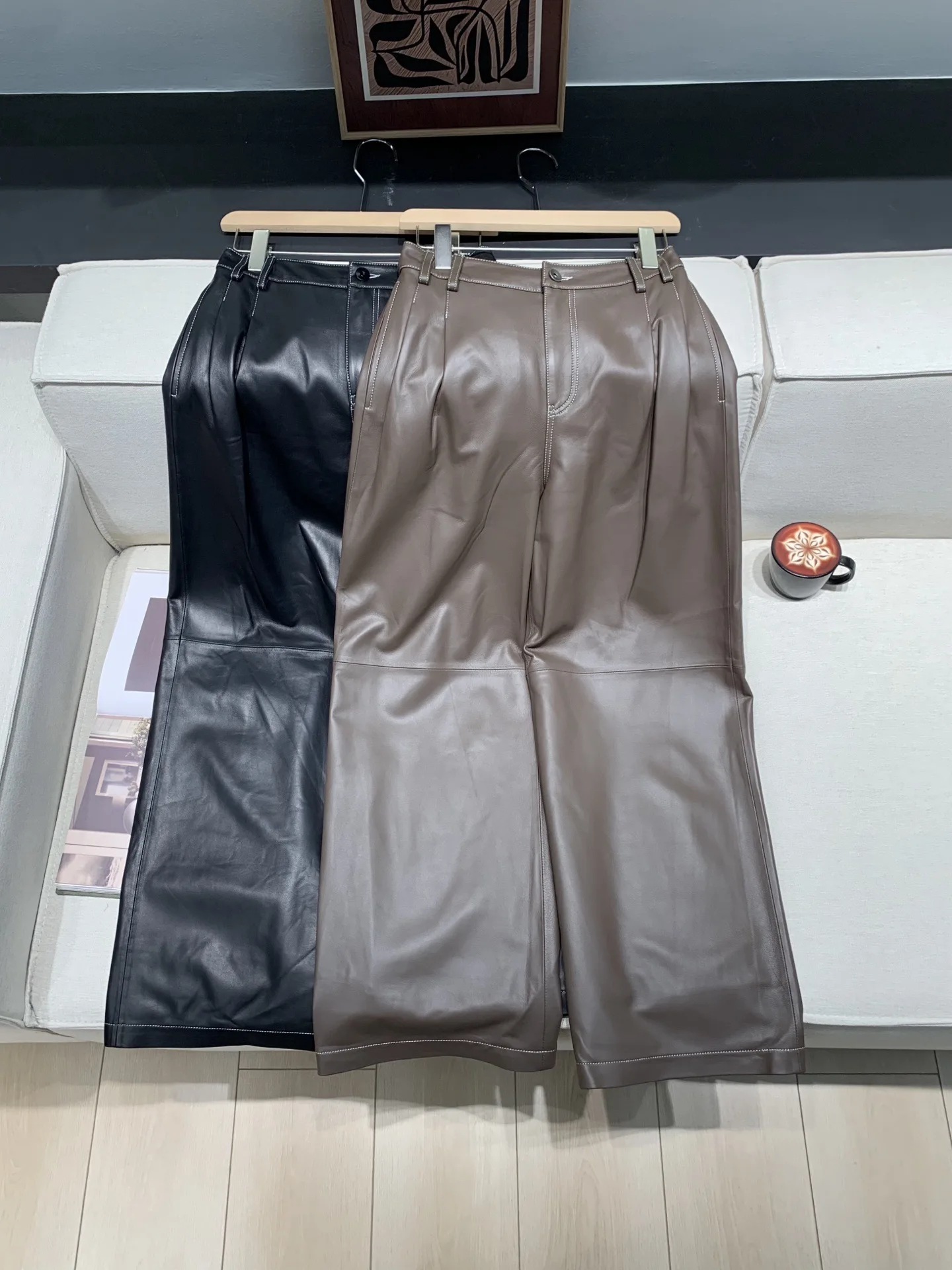 جديد الخريف/الشتاء عالية الجودة المألوف جلد الغنم زر أسفل سترة قصيرة + مستقيم الساق واسعة الساق السراويل دعوى للنساء #6