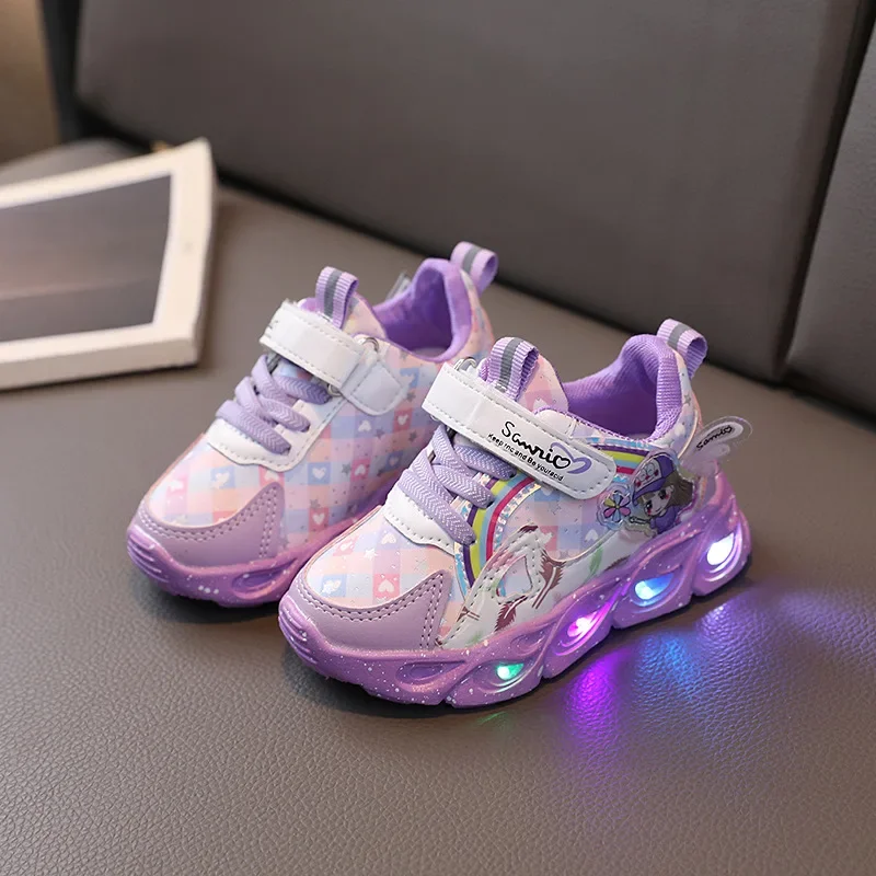 2024 Spring and Fall New Lights Girls Luminous Casual Sneakers Leather Cartoon Flash Princess Shoes