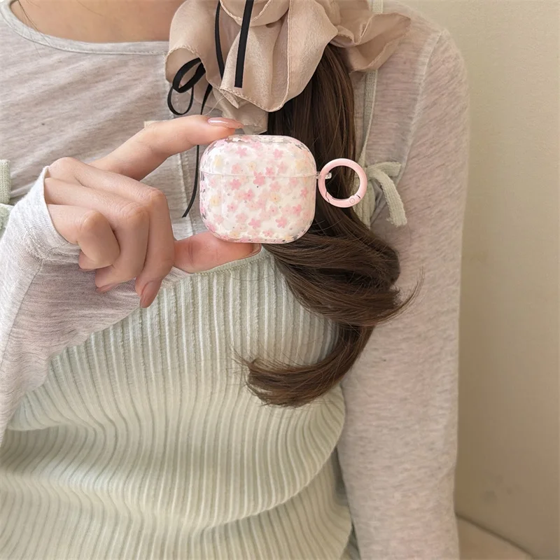 

Kawaii Pink Sakura earphone Case with Ring for Airpods 1 2 3 4 Pro Pro2 Pro3 Clear Earphones IMD Shockproof Cover
