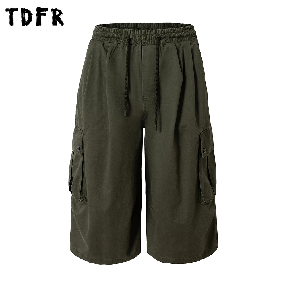 

Multi-Pocket Cargo Shorts Mens Solid Color Summer Retro Safari Style Elastic Waist Baggy Wide Leg Carpenter short Pants Man