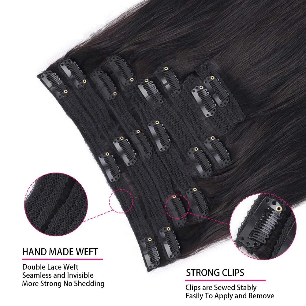 Extensión de cabello con Clip para mujer, cabello humano liso brasileño, extensiones con Clip, cabeza completa, sin costuras, negro Natural 1B