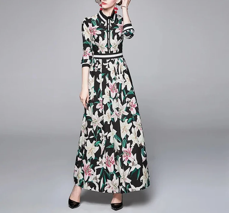 2024 New Glamour Runway Shirt Dress Women's Lapel Short Sleeve Gorgeous Flower Print Single Breasted Belt Pleated Midi Vestidos