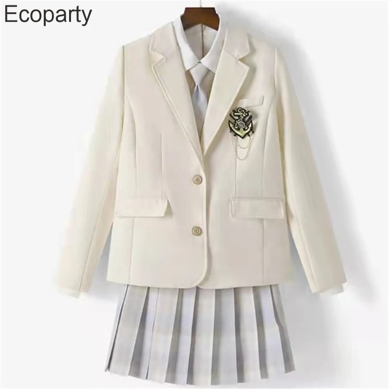 Women\'s Korean Fashion Jk School Uniform Coat Spring Autumn Black Lapel Long Sleeve Jackets With Badges College Style Costume