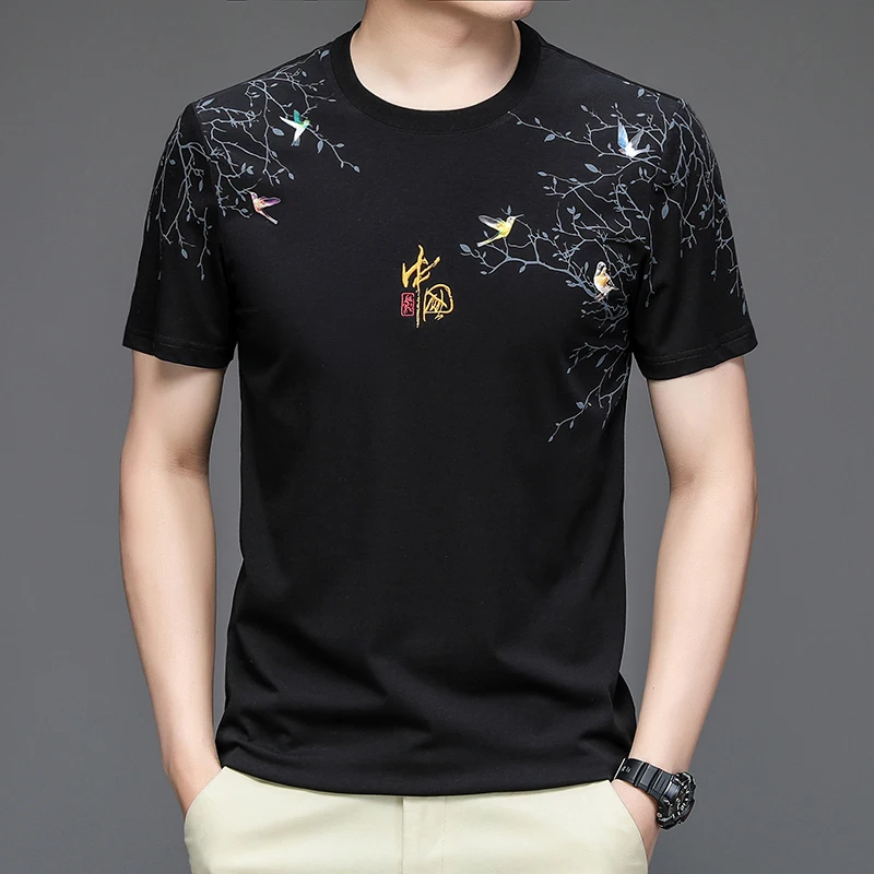 

High Grade Men's Embroidery Cotton Tees 2024 Summer New Fashion Flowers Printed T-Shirts Short Sleeve Printing Tops for Man