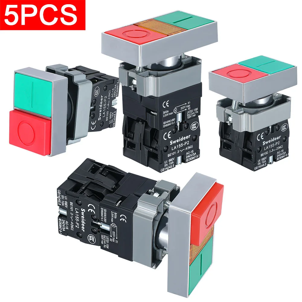 

5 шт., 22 мм, водонепроницаемый кнопочный переключатель сброса управления, красный, зеленый, 2 положения, блок питания для запуска и остановки, квадратная головка 1НО, 1НЗ, 220 В