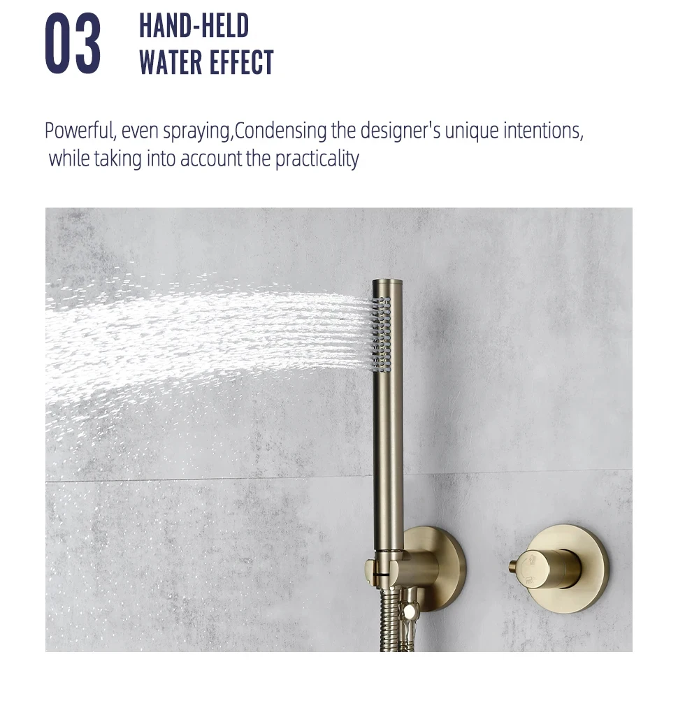 Dusch system aus gebürstetem Gold Set Bad Wasserhahn Decke 8 "-12'' Regen Dusch kopf 2 Wege Umlenker mit Misch ventil Messing Kit – Detail 10