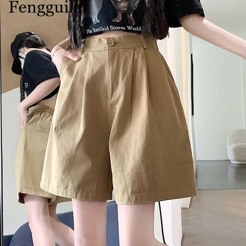 2026 Summer Women Casual Daily Khaki Short Pants Female High Waisted Cargo Shorts Girls Retro Baggy Wide Leg Slacks