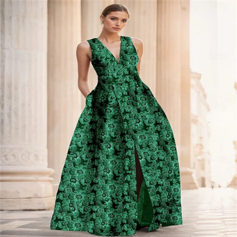 

A-Line Green Floor Length Evening Gown Elegant Prom Dress Vintage Sleeveless V Neck Wedding Formal Nylon with Slit Pocket
