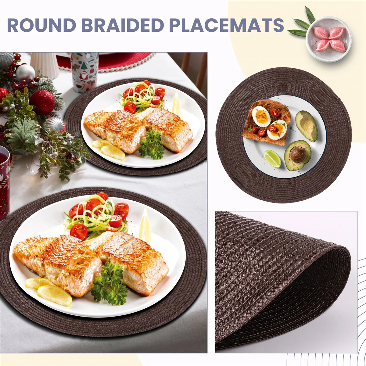 CHCH Round Braided Placemats Set of 6 Table Mats for Dining Tables Woven Washable Non-Slip Place Mats 15 Inch(Brown)
