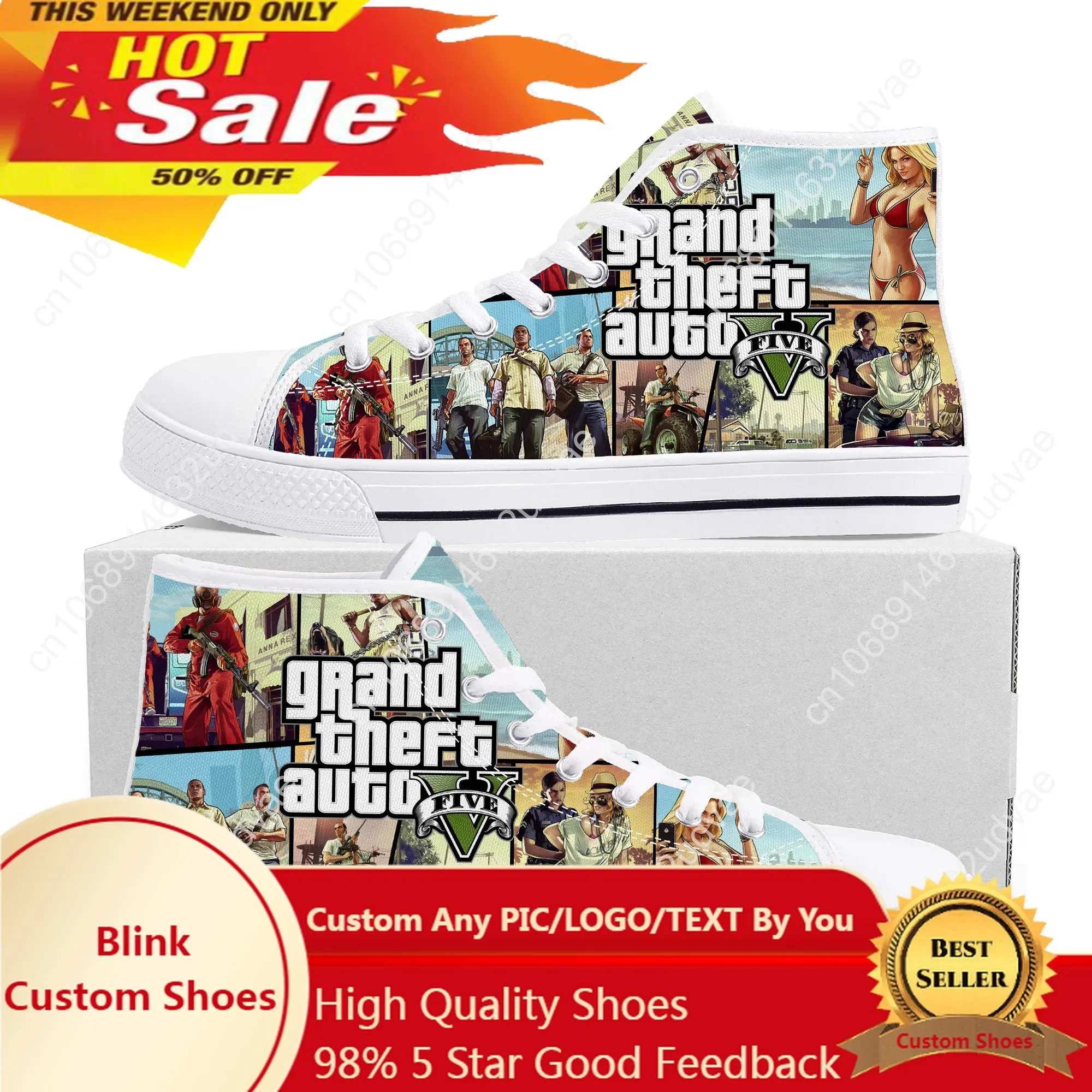 Anime dos desenhos animados Grand Theft Auto GTA V 5 High Top Sneakers, homens e mulheres, tênis de lona adolescente, sapatos casuais, sapato personalizado