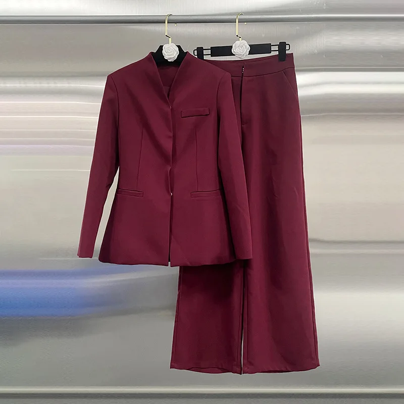 

High-end Angola red suit 2025 autumn and winter new collarless waist suit + high-waisted trousers two-piece suit for women