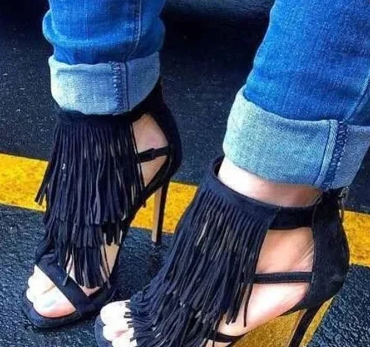 Brand Women Sandals Summer Shoes Flock ZIP Thin High heel Fringe Casual Classics fashion Dress Party Wedding shoes for women