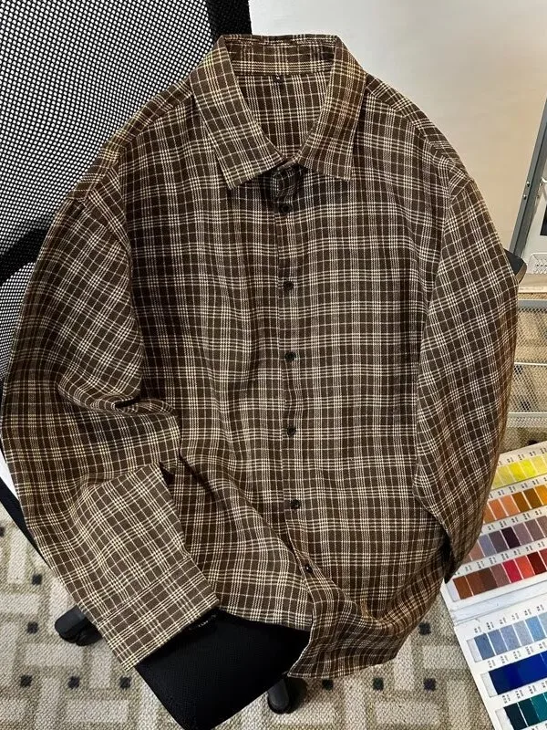 

Vintage Brown Plaid Long Sve Men's irt Casual Loose Fit Spring Autumn Versatile Casual irt Jaet for Youth