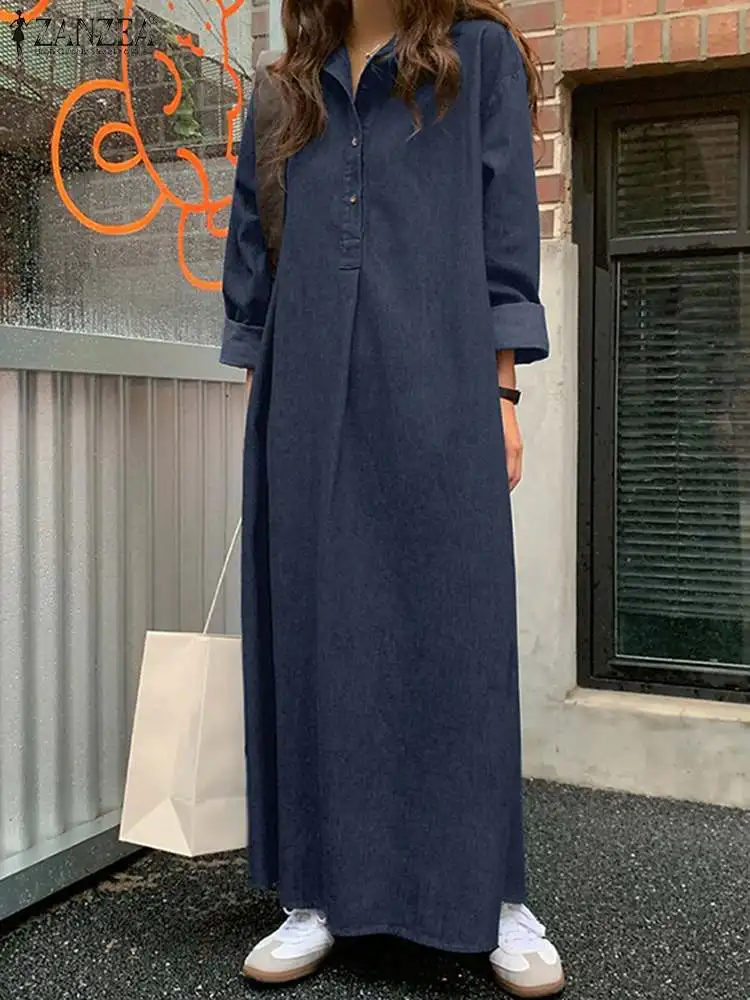 ZANZEA Fashion Spring Lapel Neck Long Sleeve Solid Shirt Dress Casual Loose Vestido Women Denim Blue Long Sundress Robe Femme