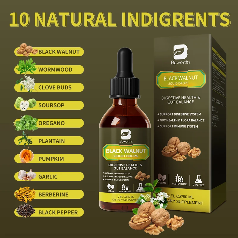 60ML Black Walnut Wormwood Drop,Rapid Gut Cleanse&Digestive Health with Clove Garlic Turmeric 98% Absorption,Vegan Gluten-Free