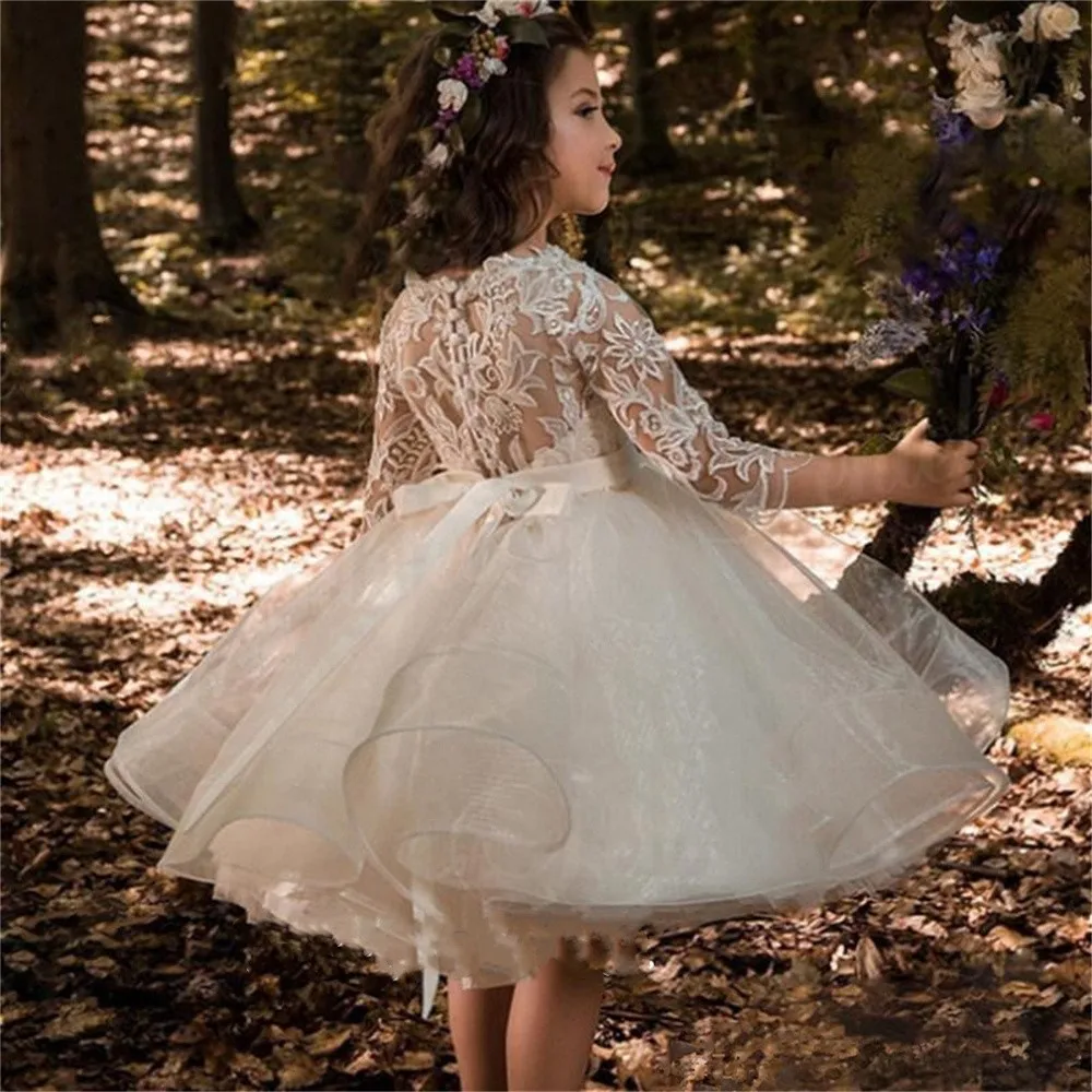 Vestidos de niña de flores mullidos hasta la rodilla para boda, cumpleaños, cinturón de encaje de manga tres cuartos, vestido de princesa de desfile de Organza para niñas