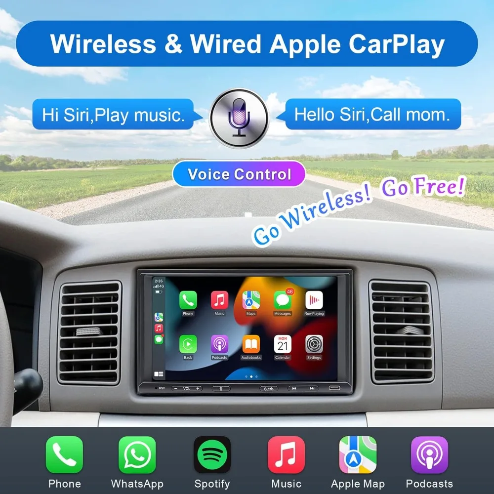 

Double Din Car Stereo Radio Wireless CarPlay & Wireless Android Auto, 7in Touchscreen Car Audio Receiver with Bluetooth