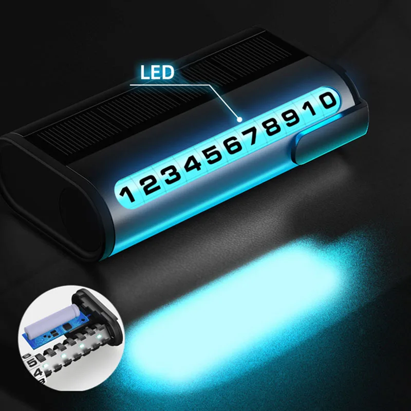 

Solar Car Temporary Parking Card Hidden Phone Number Plate Aluminum Stickers with LED Night Light Park Stop Universal