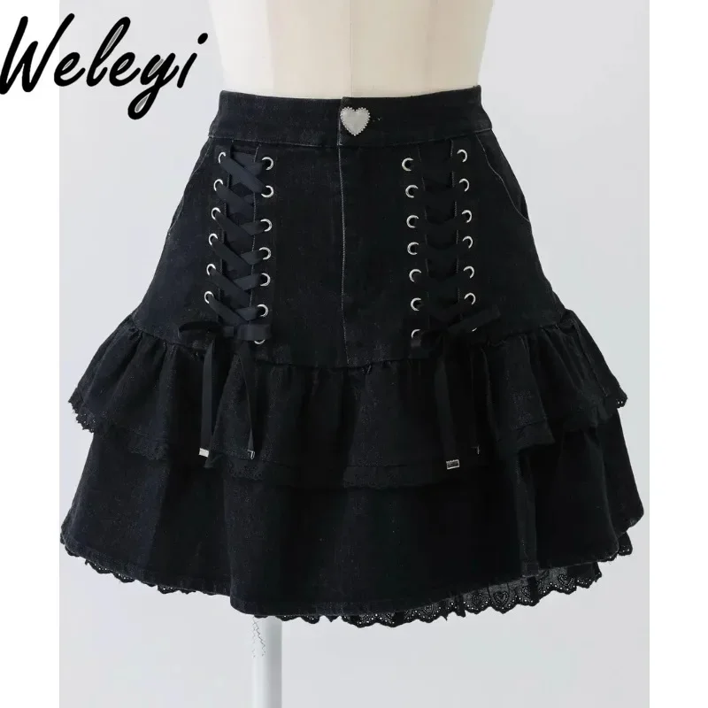 Harajuku Kawaii Sweet Strap Bow Short Skirt Japanese Sweet Solid Color Love Buckle Ruffle Edge Bandage Cotton High Waist Skirts