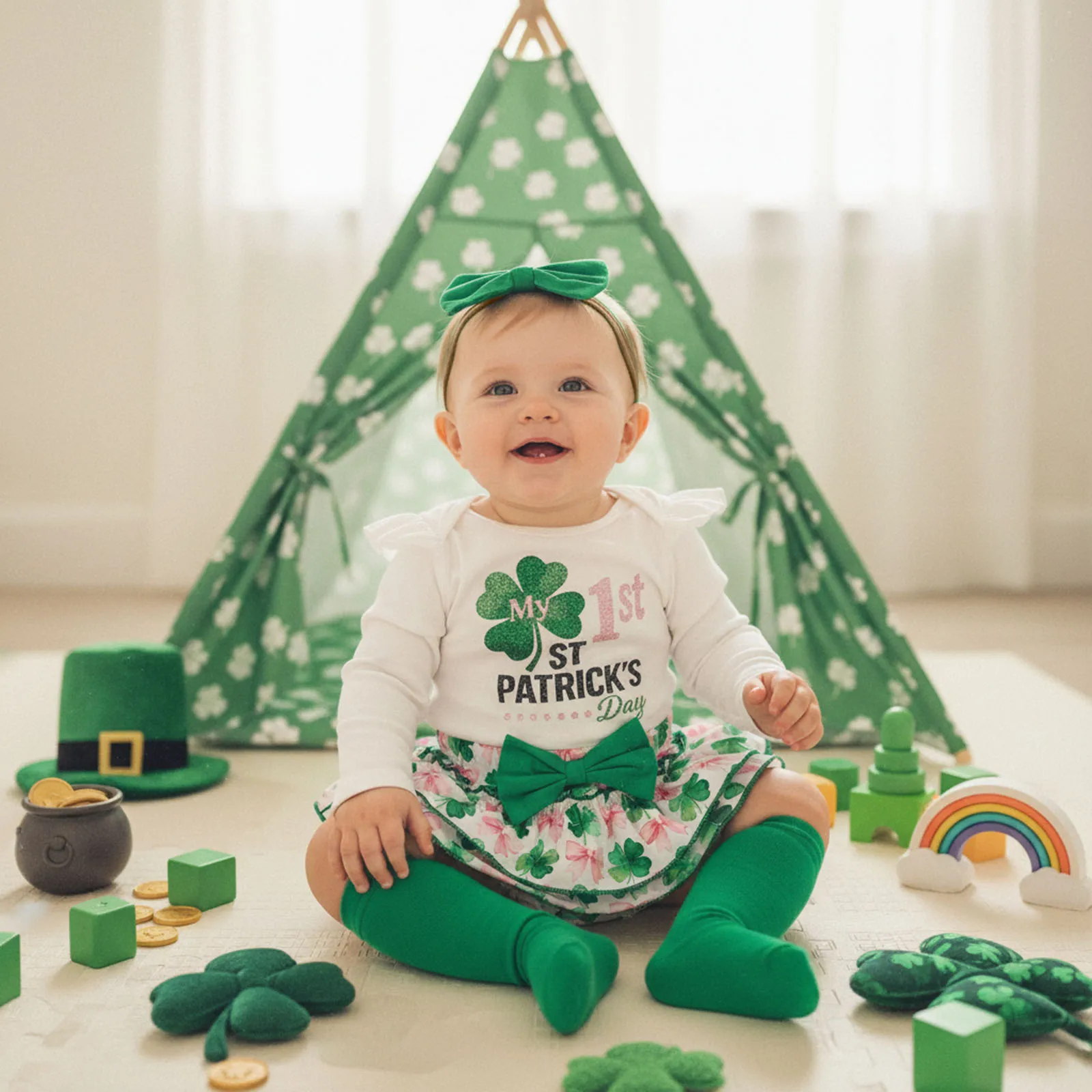 Baby Girls Spring Outfit Long Sleeve Shamrock Print Romper Skirt Shorts Headband Socks Set Infant St. Patrick's Day Clothes