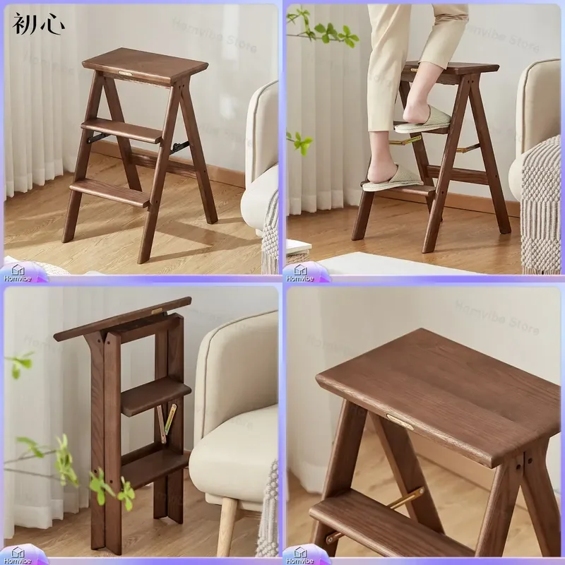 3 Step Folding Ladder Stool Solid Wood Thickened Shoe Bench Dual Purpose Climbing Steps Household Furniture Space Saving