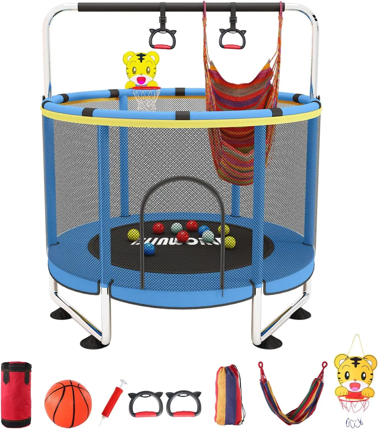 for Kids, Adjustable Baby Toddler Trampoline with Basketball Hoop, 440lbs Indoor Outdoor Toddler Trampoline with Encl