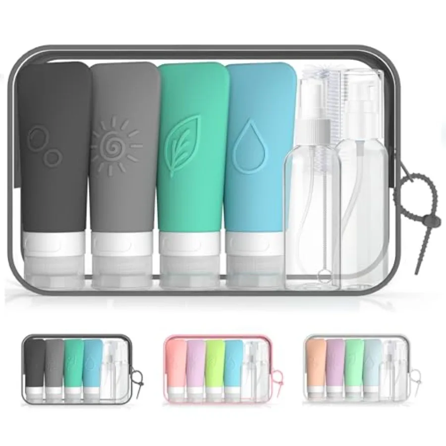 16-Piece Silicone Travel Bottles Set TSA Approved Leakproof Toiletry Kit with Flat Easy-Squeeze Bottles, Pump and Spray, Waterp