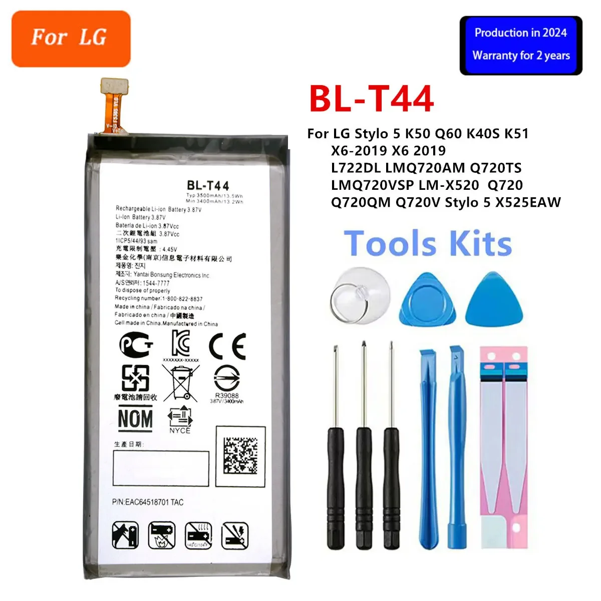 

Original BL-T44 3500mAh Replacement Battery For LG Stylo 5 K50 Q60 K40S K51 X6-2019 X6 2019 Mobile phone Batteries+Tools