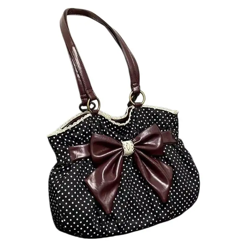X5XA Practical Polyester PU Shoulder Bag for Daily Use with Retro Dot Pattern Bows Lace