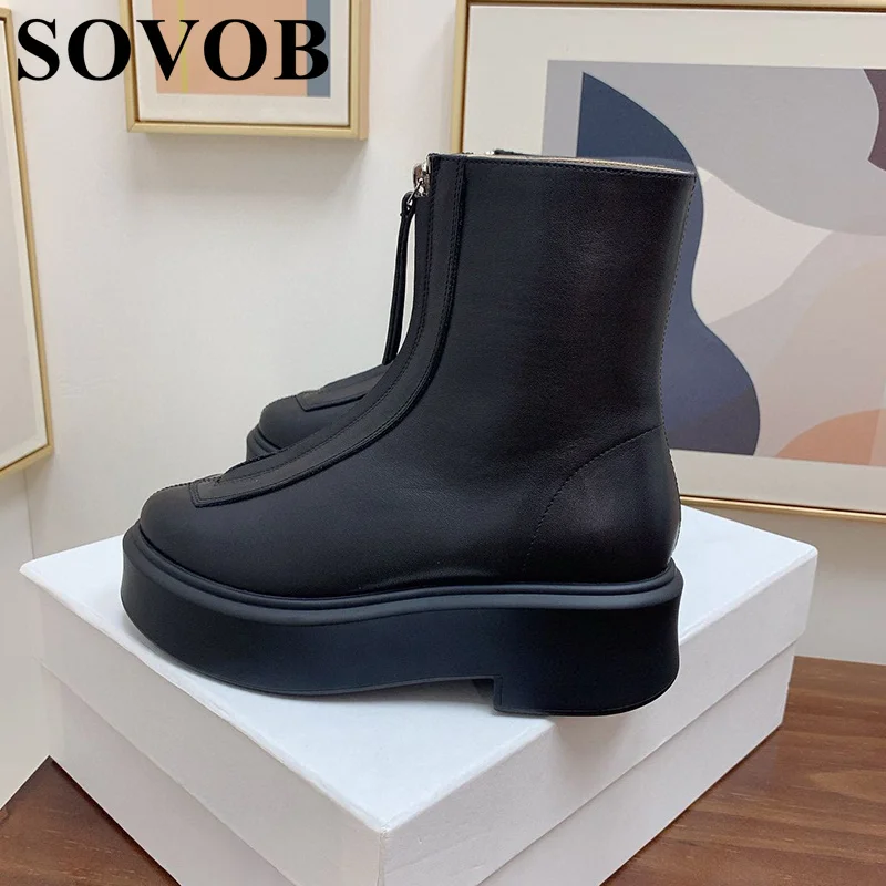 

New Spring Autumn Genuine Leather Front Zipper Thick Soled Short Boots Women Versatile British Style Chelsea Boots Ankle Botas