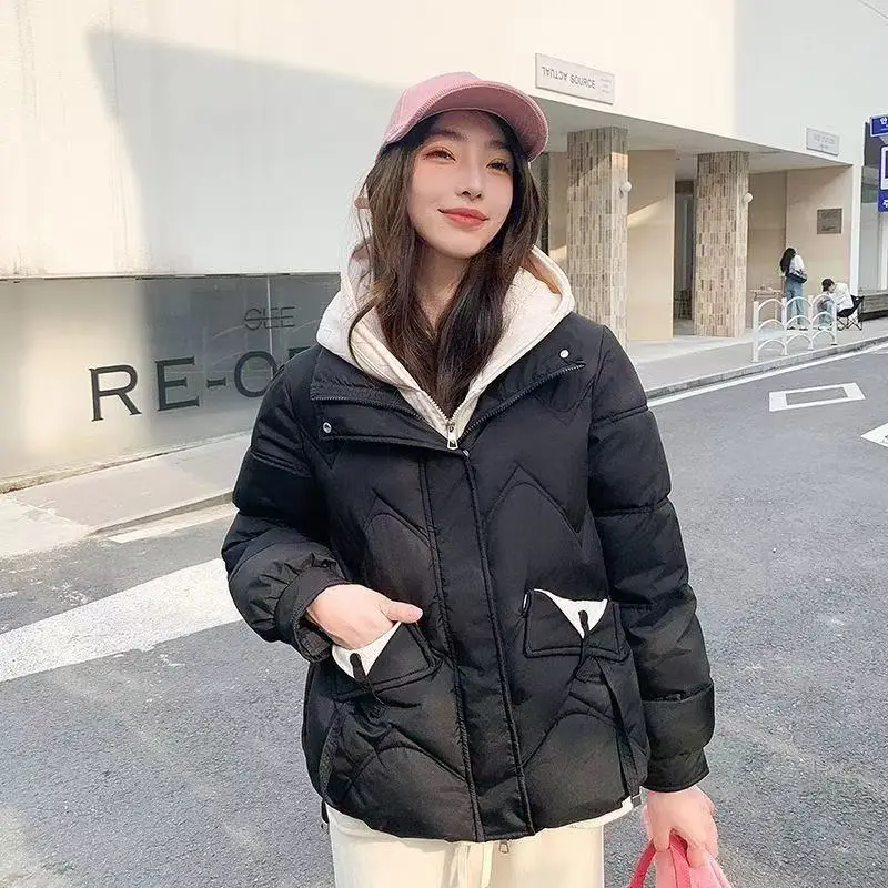 Winter Fashion Parkas Fake two items Short Coats 2025 New Women's Down Cotton Jacket Thick Hooded Tops Female Casual Outwear